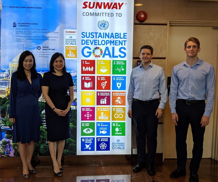 People standing in a row with a SDG- banner between them