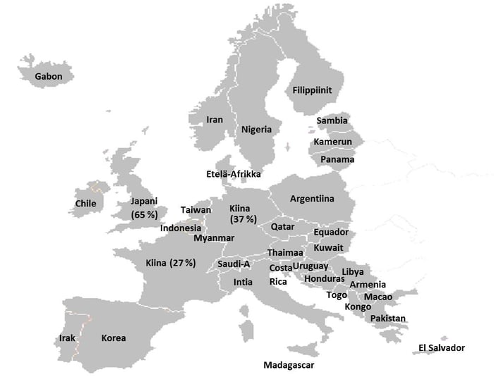 Euroopan kartta, mutta maiden kohdalla on väärät maan nimet. Esimerkiksi Suomen kohdalla lukee filippiinit